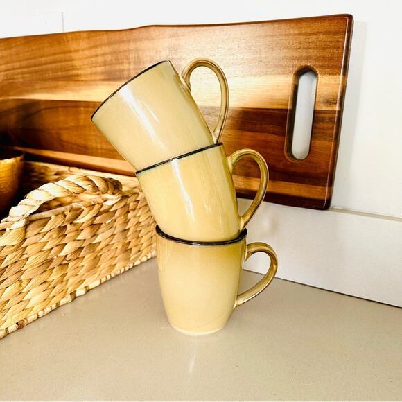 3 VINTAGE Neutral Tan Beige Black Inner Rim Classic Glaze Ceramic Coffee Mug Set - Picture 15 of 16